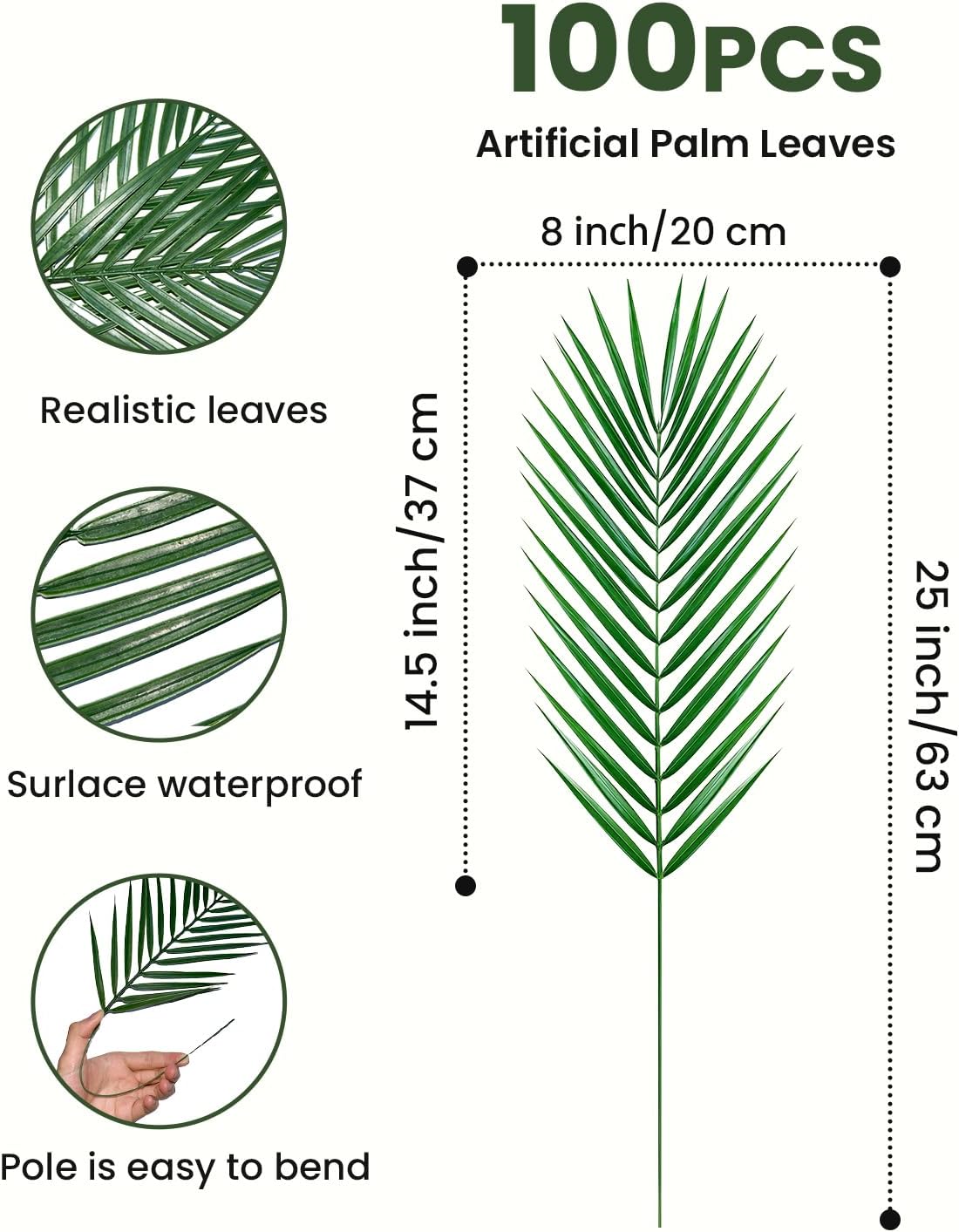 100 pcs 25 Inch Artificial Palm Leaves, Large Fake Palm Fronds Stems, Palm Branches Faux Tropical Plants for Palm Sunday, Jungle Beach Wedding Luau Party Home Decor, Palm Leaf, Palmas Artificiales