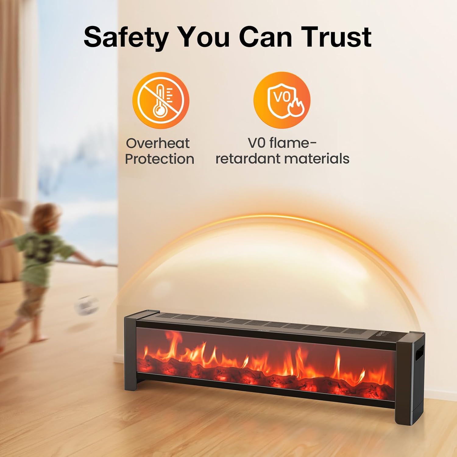 Air Choice 33” Baseboard Heater, 1500W Fireplace Heater with Top Air Outlet, Remote, Adjustable Thermostat, 12H Timer, Overheat&Tip-Over Protection, No Fan Design, Space Heater for Large Room Office