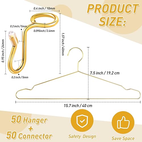 Miniatura 8 de Wesiti Juego de 100 perchas doradas para ahorrar espacio, incluye 50 ganchos de alambre de metal resistente de 17.7 pulgadas con 50 ganchos