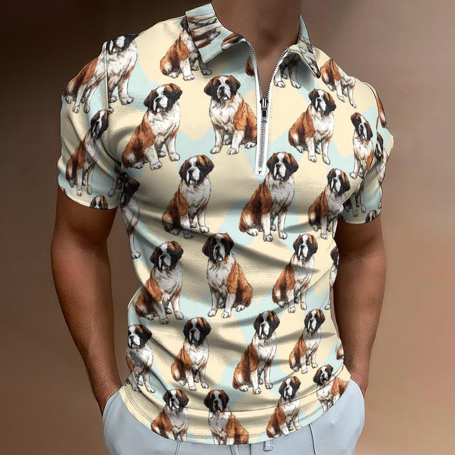 Saint Bernard Dog Watercolor Trendy Men's Short Sleeve Shirts Zippered Golf Tennis Sports T-Shirt Tops Blouse