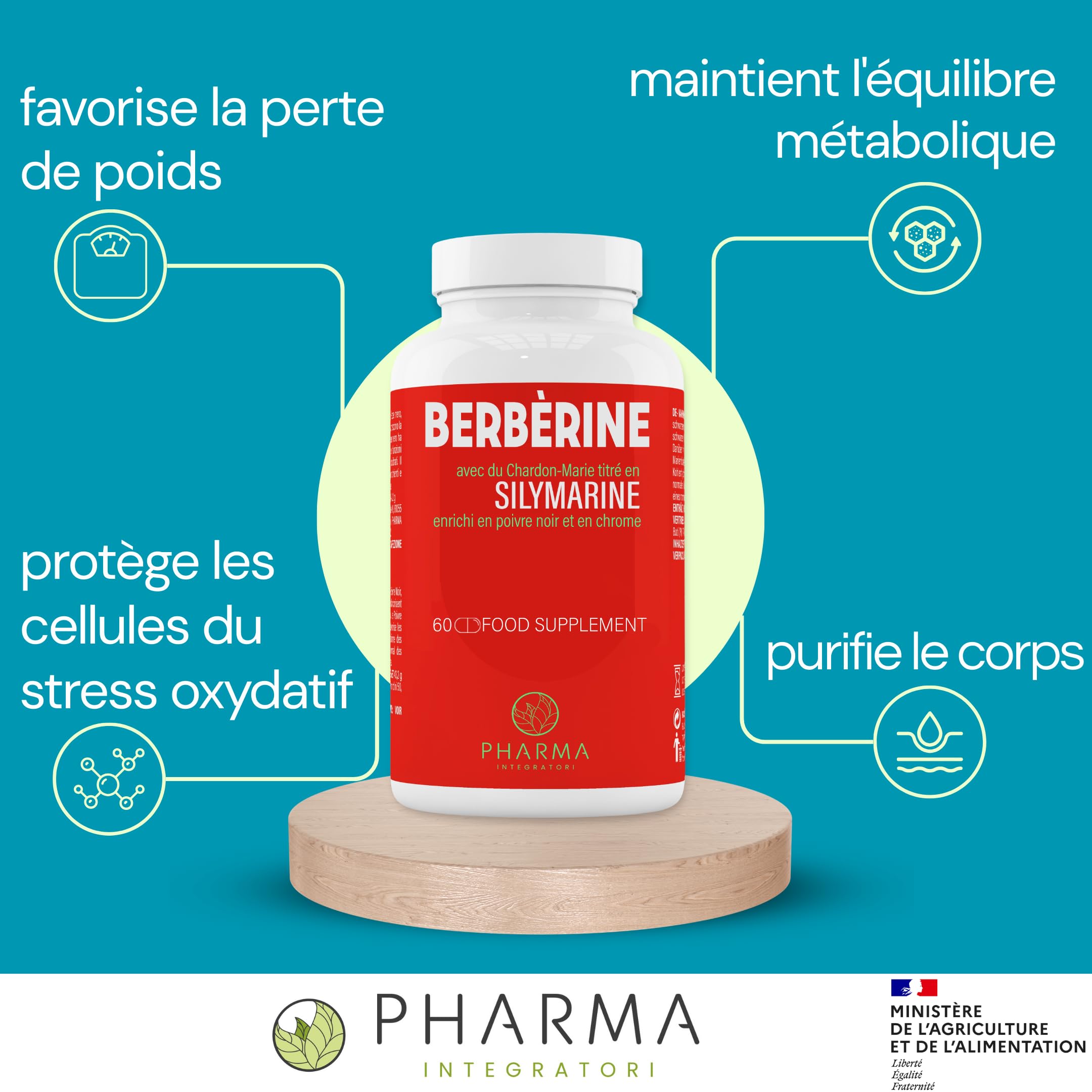 Berbérine 500 mg avec silymarine, poivre noir, chardon-Marie et chrome | 1 capsule par jour. Cure de 60 jours. Favorise le métabolisme et la détoxification de l’organisme – Action antioxydante