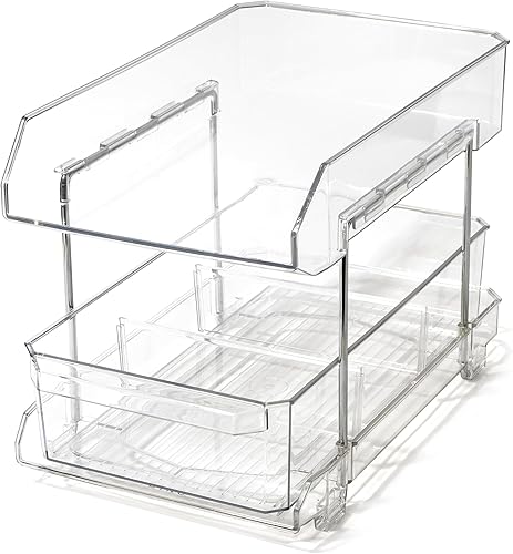 BINO Organizador de almacenamiento transparente de 2 niveles con divisores  Cajón inferior deslizante para debajo del fregadero, botiquín  Armario