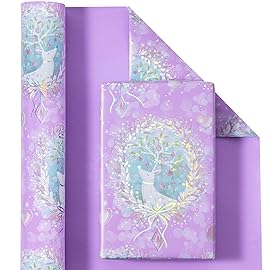 WRAPAHOLIC Reversible Purple Christmas Wrapping Paper - Mini Roll - 17 Inch x 33 Feet - Purple Reindeer and Christmas Garland with with Metallic Foil Shine for Holiday, Party Celebration