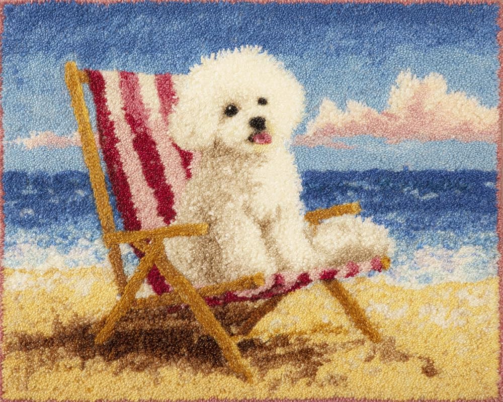 Latch Hook Rug Kits Bichon Frise Sitting On A Beach Chair Colorful Printed Crochet Yarn DIY Hooking Latch Kit Carpet Rug Cover Mat for Cushion Floor Decor 31X45In