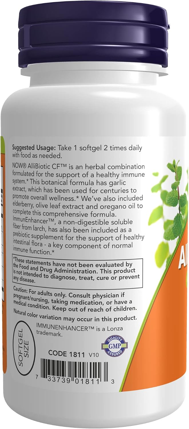 NOW Supplements, AlliBiotic CF™, with Garlic Extract, Olive Leaf Extract, Elderberry & Oregano, Non-Drowsy Formula, 60 Softgels