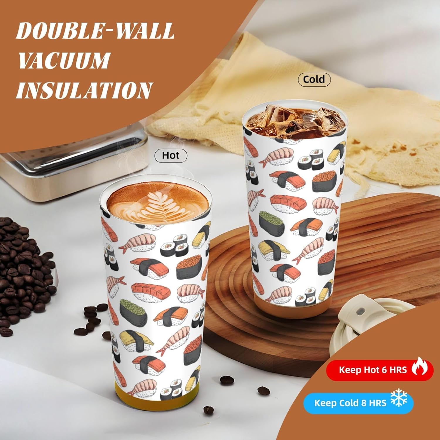 Sushi Print Leakproof Insulated Coffee Mug,Stainless Steel Dual Drink Travel Tumbler,17 OZ