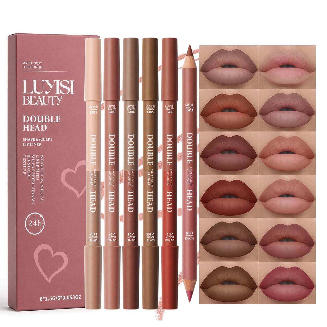 6 Pcs Double Ended Lip Liner and Lipstick Combo Set, Creamy Matte Waterproof Lip Pencil Kit, Nude Brown Ombre Shades for Overlined, Fuller, Sculpted & Plumper Lips
