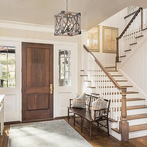 Miniatura 5 de 4 luces colgantes de metal negro de madera para isla de cocina, jaula cuadrada moderna de granja rústica para comedor, lámpara de araña rectangular