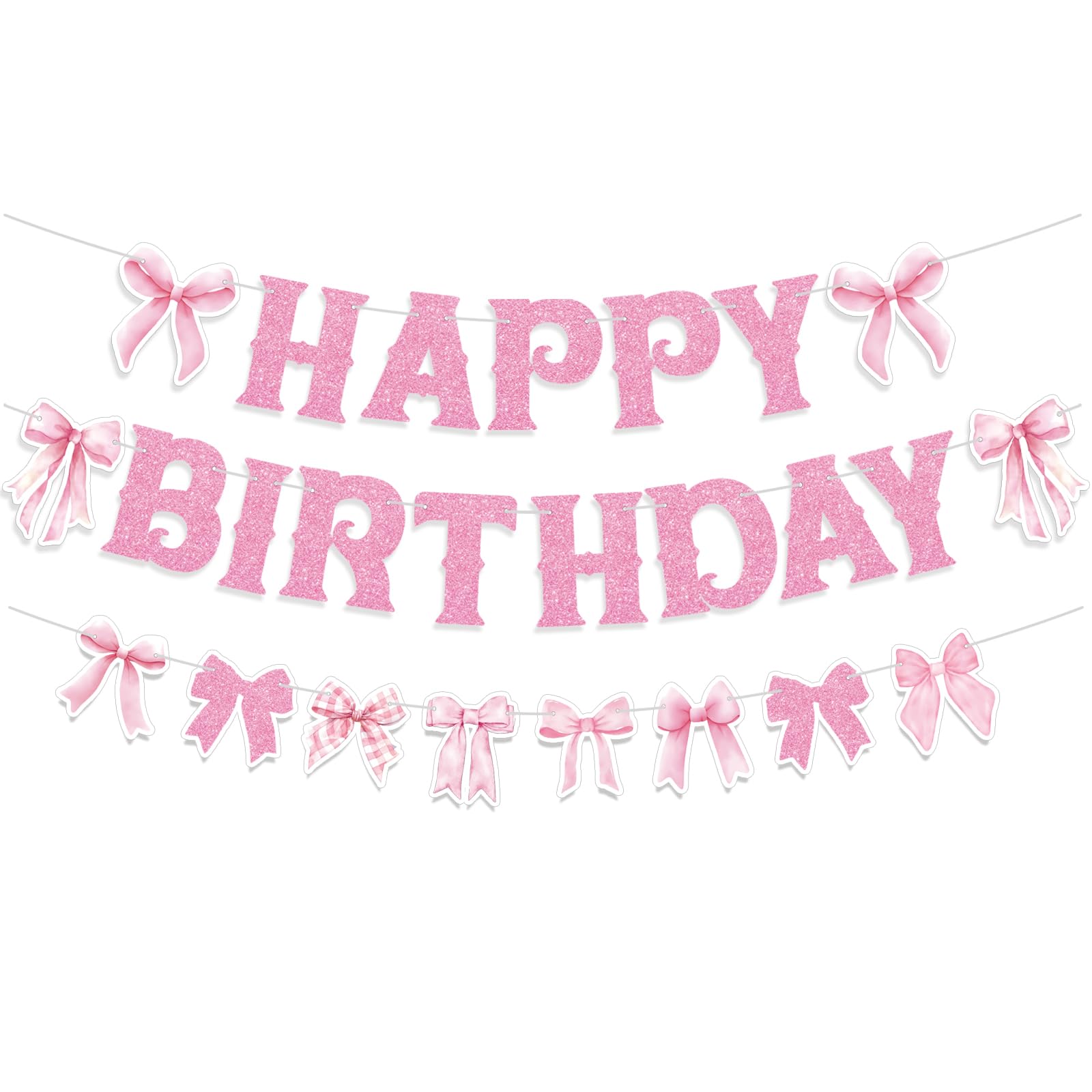 Neyeidru Pink Bow Happy Birthday Banner for Coquette Party Decorations Bow Garland Bunting for Girls Party Decor Favor Supplies
