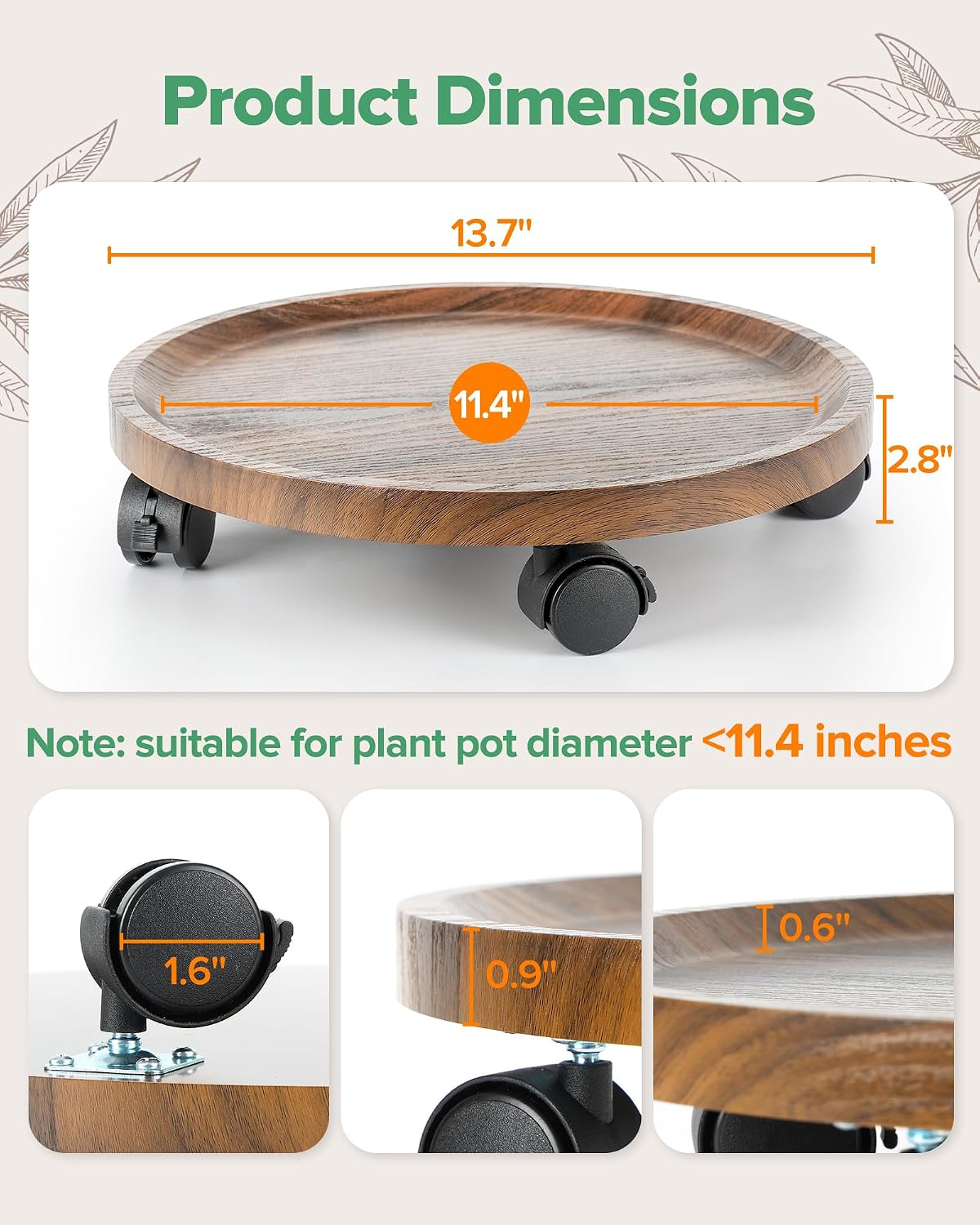 2 Pack Plant Caddy with Wheels, 14" Wood Rolling Plant Stand with 360° Lockable Wheels, Plant Stands Outdoor for Large Plants, Flower Cart Plant Dolly Plant Caster for Heavy Objects, Walnut image 2
