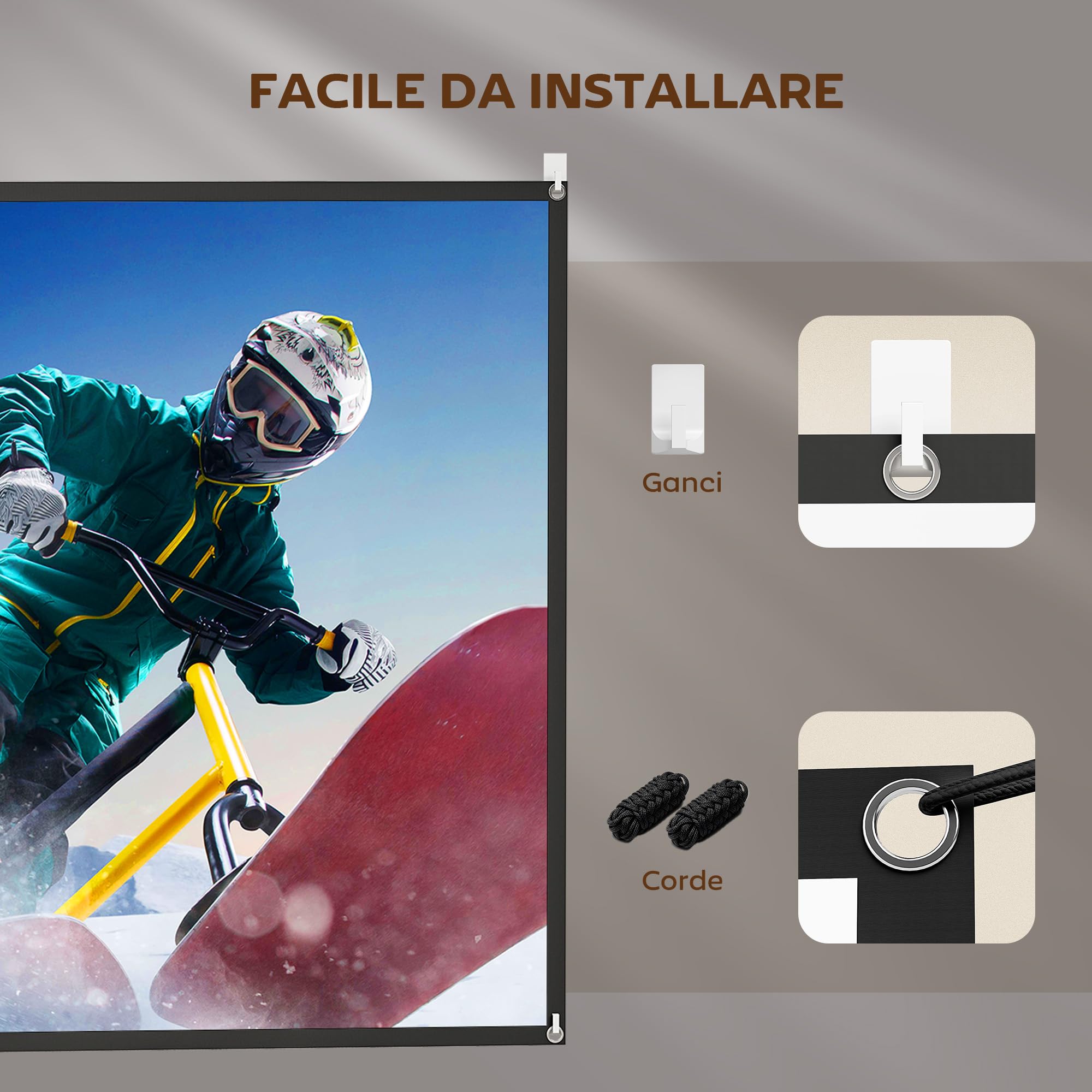 HOMCOM Telo Proiettore da 100 Pollici 4K/8K HD Formato 16:9, Altezza Regolabile Manuale, Schermo Proiettore Lavabile, Grandangolo di 160 Gradi, per Casa, Home, Cinema, Ufficio, Bianco