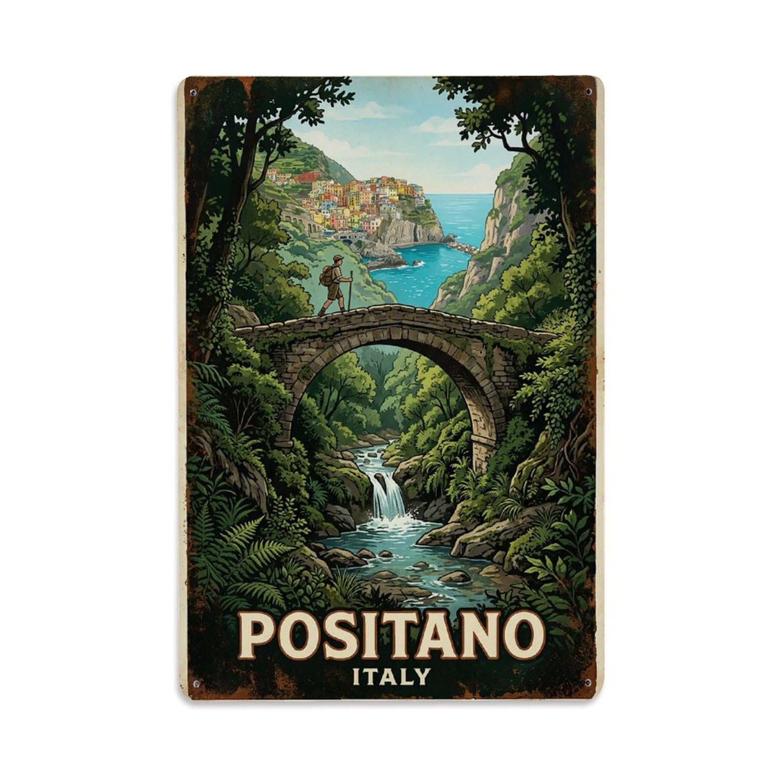 Huiyhb 8X12inch(20X30cm) Vintage Travel Positano Italy Stone Bridge Ravine Metal Tin Sign