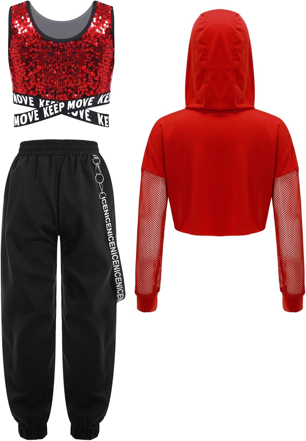 iiniim Kids Girls 3 Piece Tracksuit Shiny Crop Tops Hoodie and Jogger Pants Set Hip Hop Modern Jazz Street Dancewear