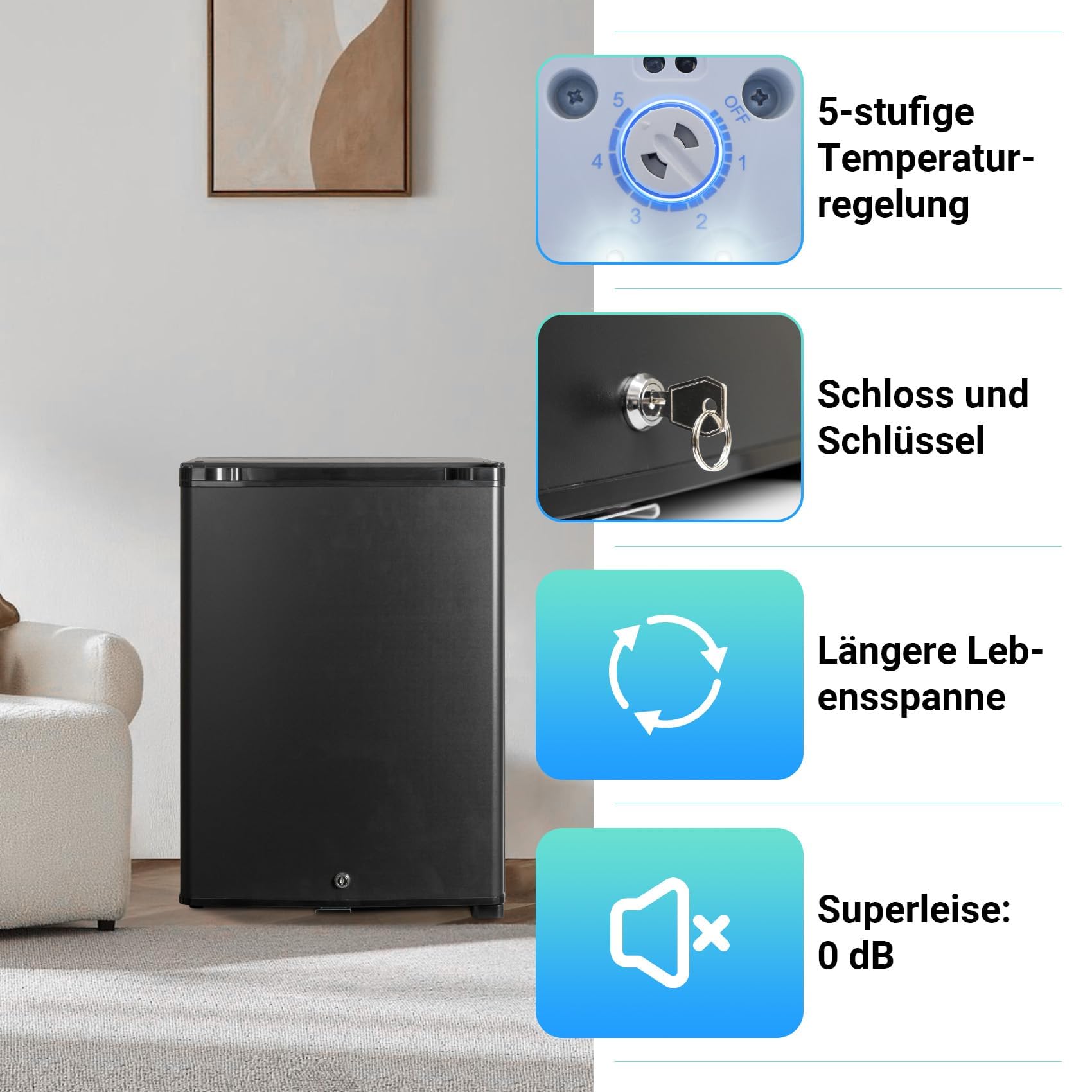SMETA Camping Kühlschrank 12V 230V, Absorber Kühlschrank 40L, Campingkühlschrank 0dB,12 volt Wohnmobil Kühlbox für Wohnwagen, Auto, LKW, Boot, Reisemobil, Lautlos, Schwarz, Mit Schloss