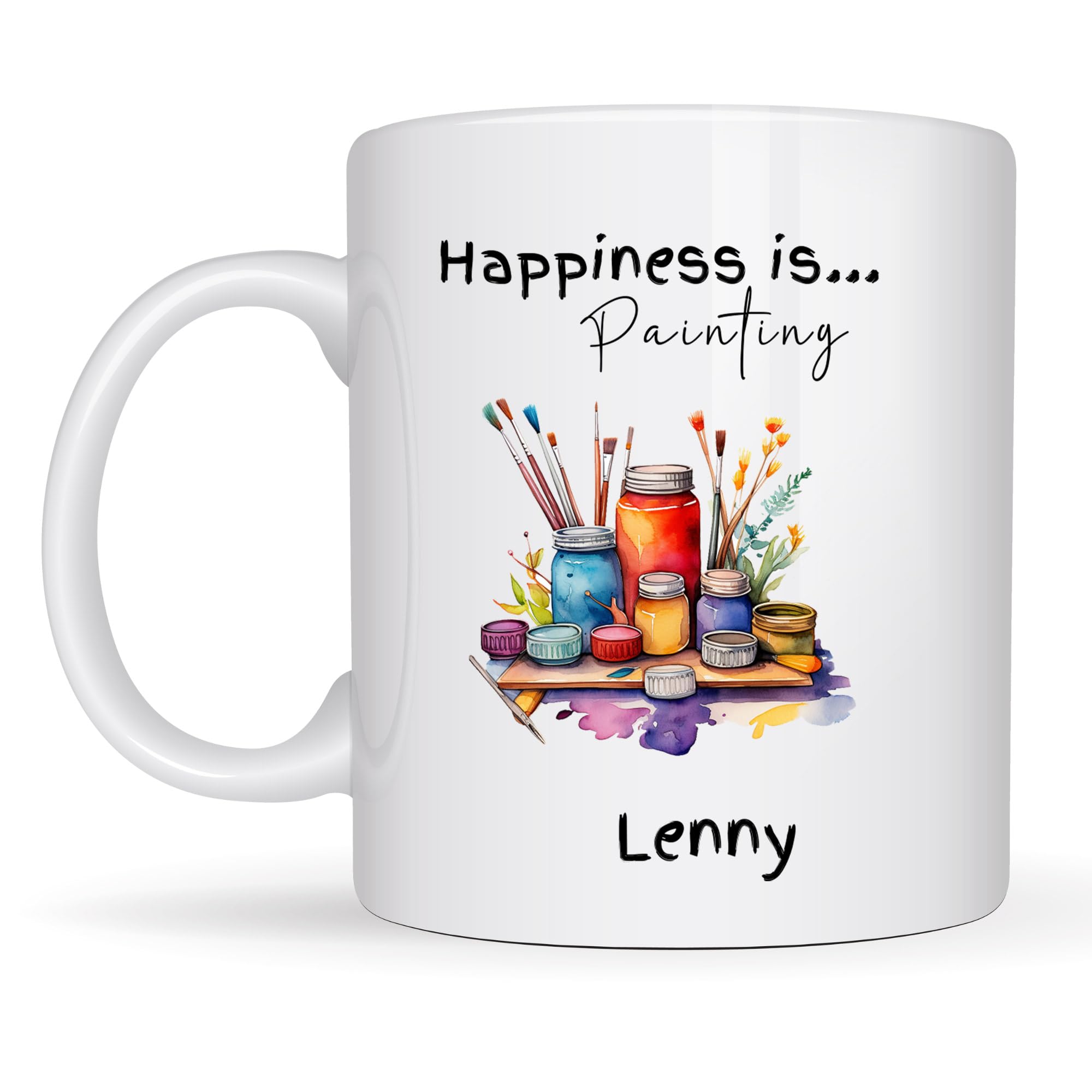 Happiness is Painting Personalised Mug – Custom Name Ceramic Cup for Artists & Art Lovers – Watercolour Paintbrush & Cat Design – Unique Gift for Creative Souls – 11oz