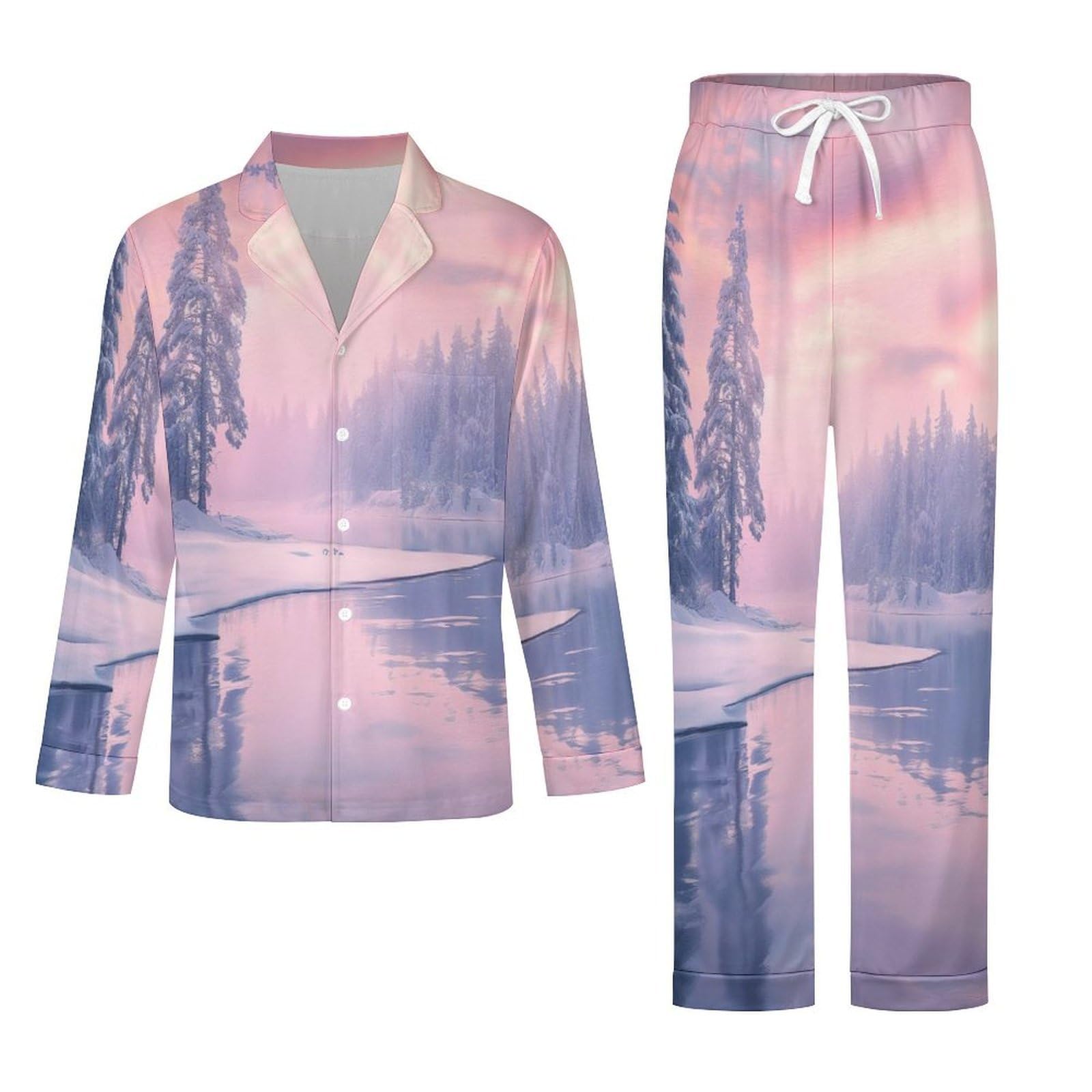 Pigiama da Uomo in Bellissimo Scenario Invernale, Due Pezzi Set Completo con Camicia a Maniche Lunghe Bottoni e Pantaloni con Tasche Abbigliamento Casa Rosa