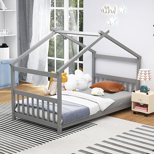 KOMFOTT Cama individual de madera para niños, marco de cama de piso de perfil bajo con techo, cabecero y estribo, cama de tienda para niños
