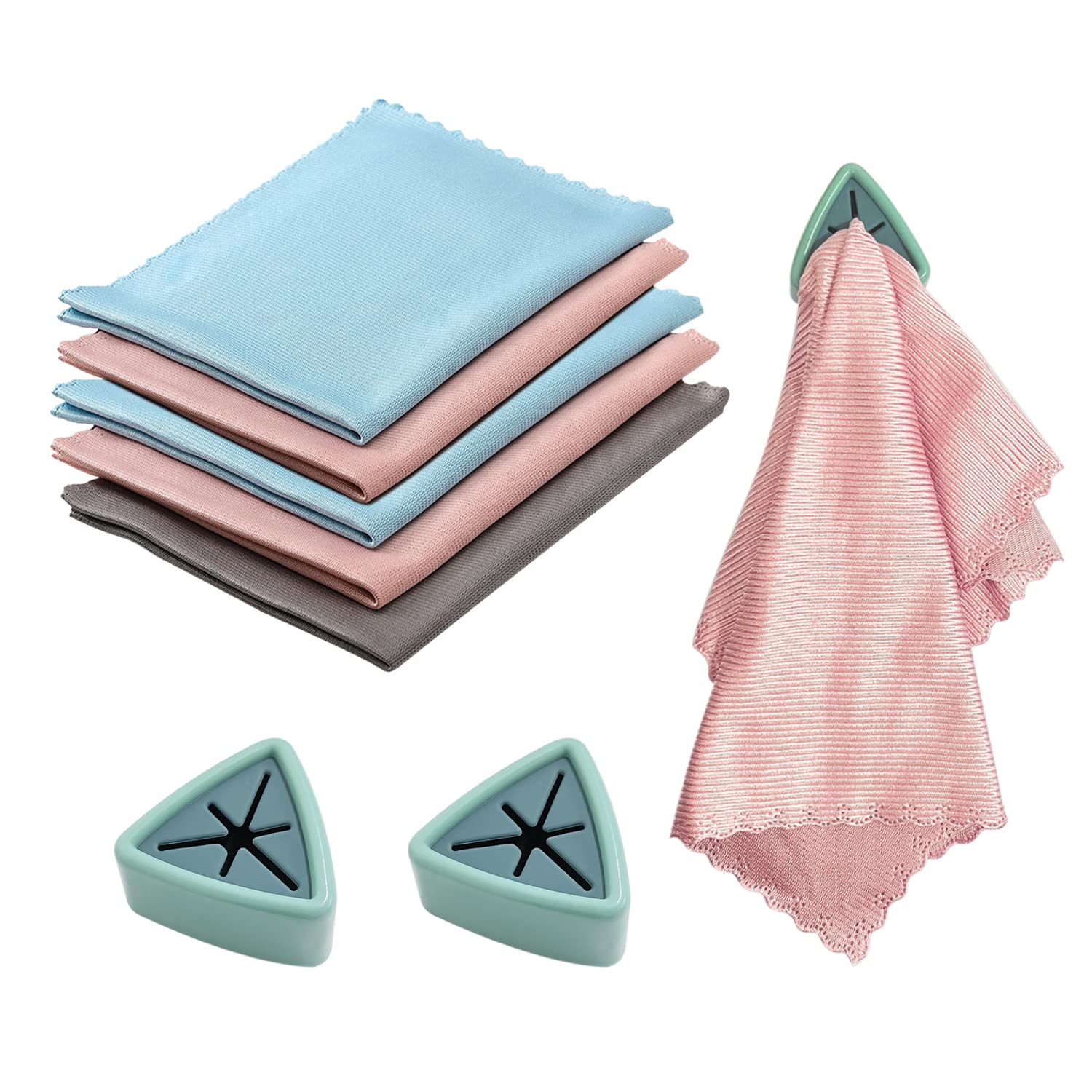 QEEQPF5 Pack Glass Cloths, Microfibre Cleaning Cloths, Cleaning Accessories, Smear Free Glass Cloths, Reusable, with 2 Green Towel Caps for Car
