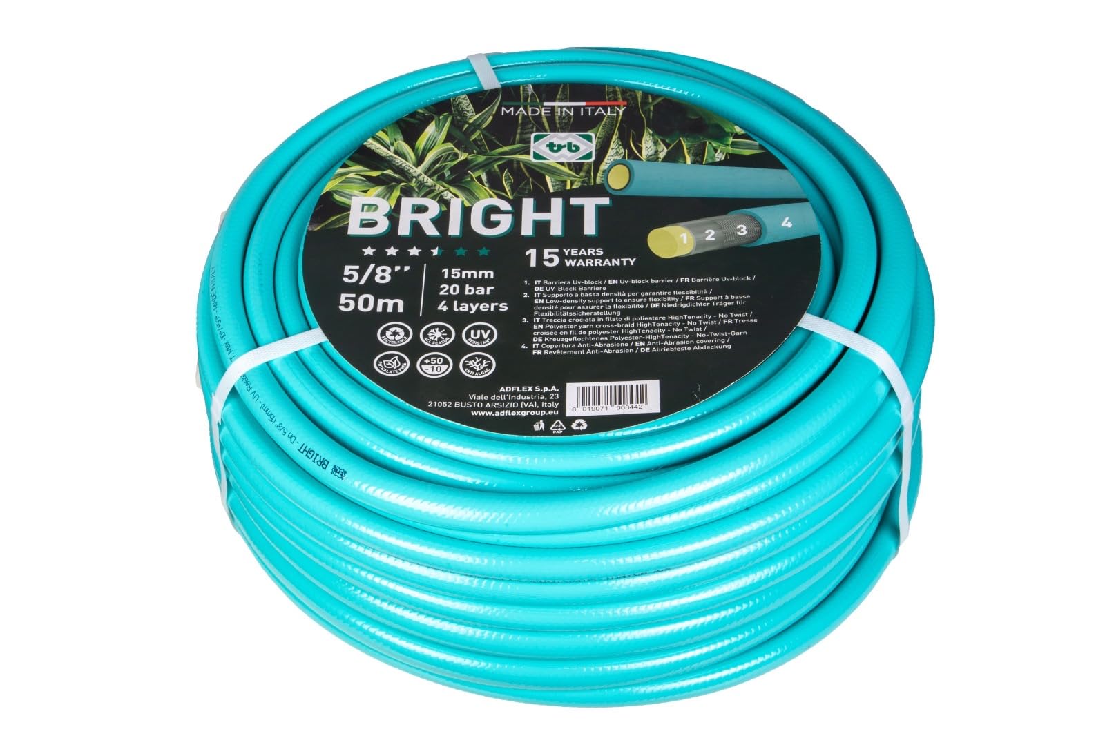Tubo BRIGHT per Irrigazione, Ø15mm (5/8"), 4 Strati, Antitorsione, Resistente UV, Verde Acqua (50M)