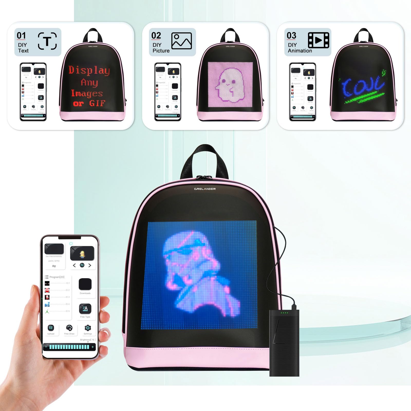 Crelander LED Rucksack, 12 Zoll Laptop Rucksack mit programmierbarem Bildschirm
