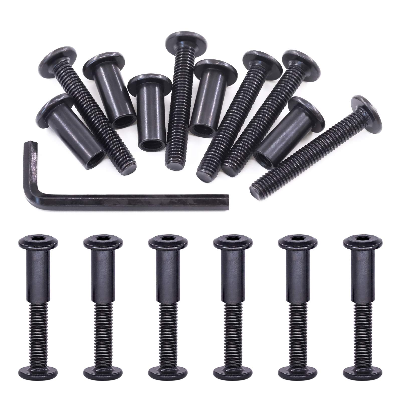 Swpeet 25Pcs M6x40mm Carbon Steel Black Hex Drive Socket Cap Bolts Barrel Nuts Assortment Kit with 1Pcs Allen Wrench, Screw Post Fit for Furniture Countsunk Belt Buckle Leather Binding Bolts