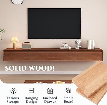 Floating TV Unit,160-240CM Wall Mounted TV Cabinet, Wall Mounted TV Stand With Flip-Down Doors & Drawers, Modern TV Media Console Center Large Storage TV Bench(BrownC,160cm)