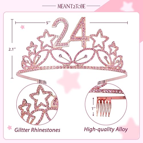 Miniatura 2 de Banda y tiara de cumpleaños número 24 para mujer, juego fabuloso banda con purpurina + estrellas de diamantes de imitación rosa tiara de metal