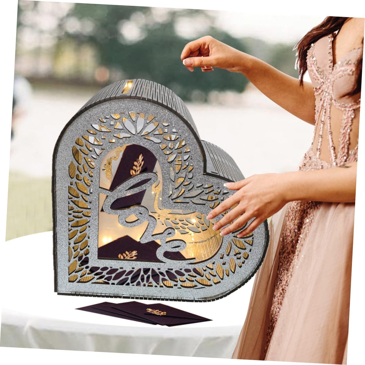 POPETPOP Heart Wooden Card Box with Hollow Glitter Design, Wood Storage Box for Blessing Cards and Envelopes, Wedding Anniversary Valentine’s Day Party Decoration