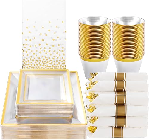 Goodluck Juego de vajilla dorada transparente de 176 piezas para 25 invitados, platos de plástico cuadrados transparentes con borde dorado, incluye