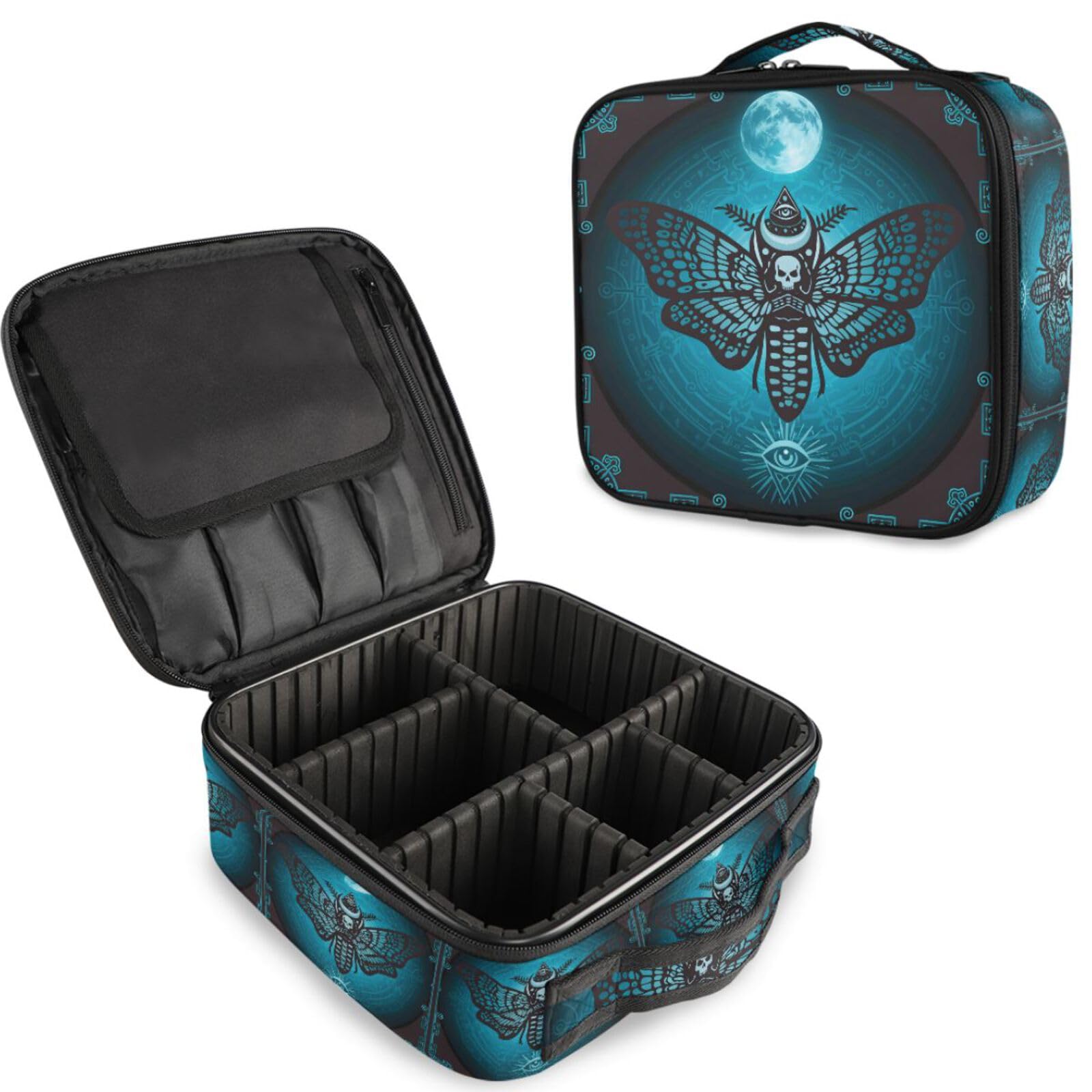 MNSRUU Travel Makeup Bag, Skull Makeup Bag Organizer Goth Butterfly Cosmetic Bag for Women Travel Toiletry Bag with Adjustable Dividers
