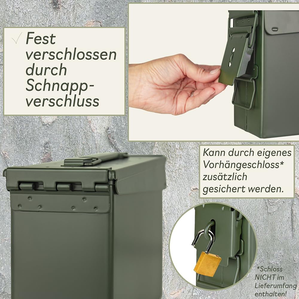 Trucky Ammo - Set di 2 scatole per munizioni, in metallo, con coperchio, 28 x 10 x 18 cm, colore: Verde militare