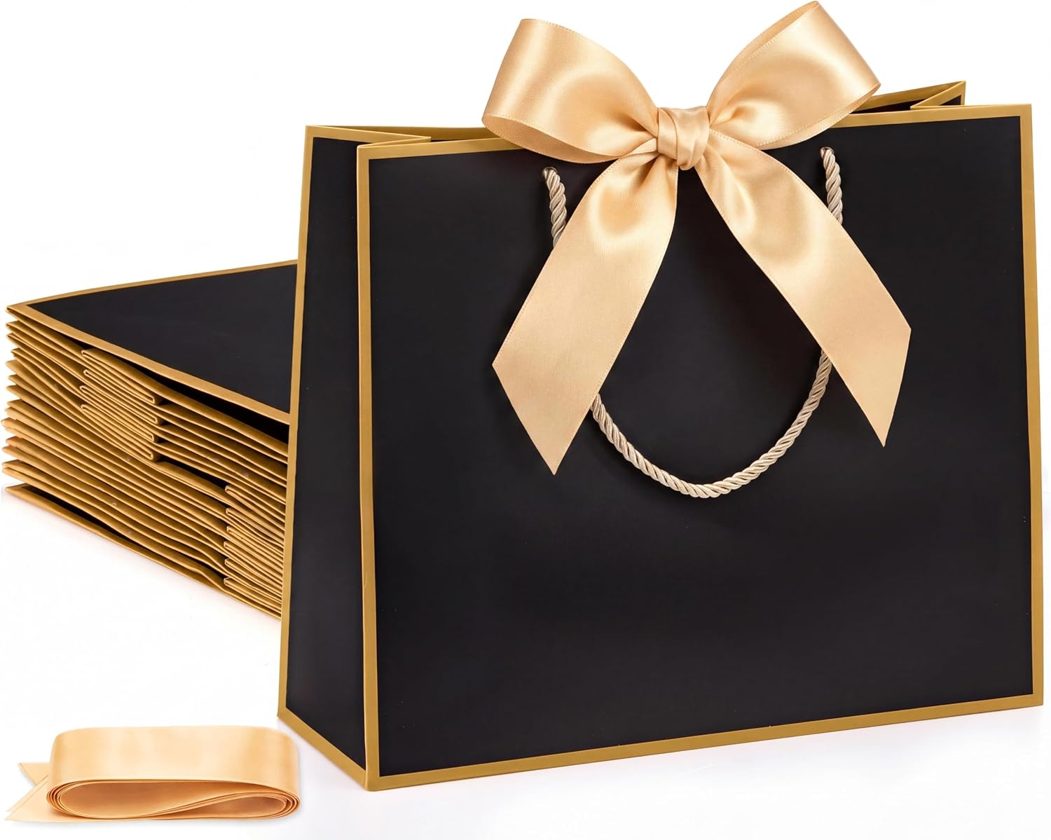 Silkfly 12 Pcs Paper Gift Bags with Handles & Bow Ribbon, Black