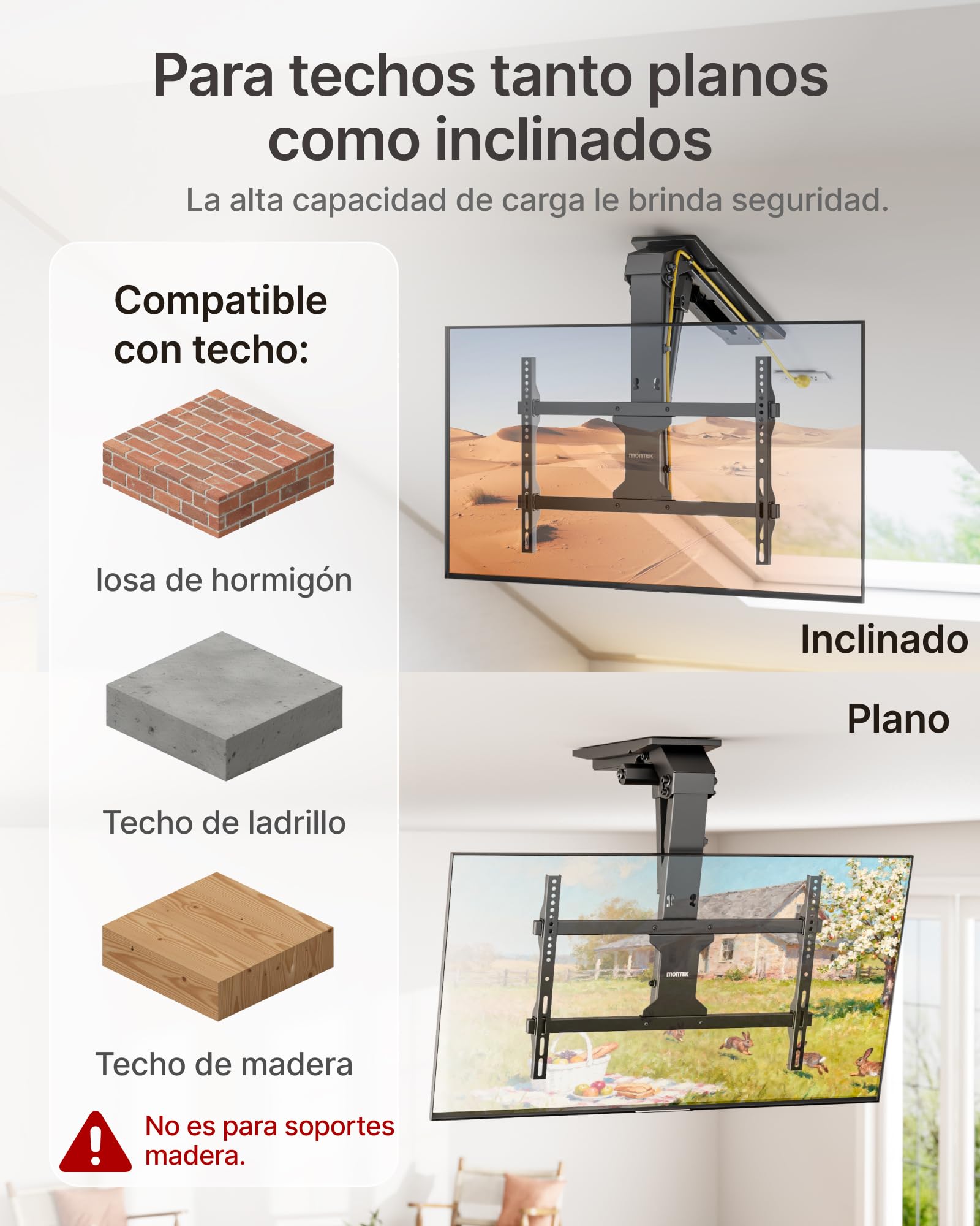monTEK Soporte TV de Techo Eléctrico para 37-75", hasta 45 kg | Soporte TV de techo motorizado con mando, app y control por voz; compatible con techos planos e inclinados.