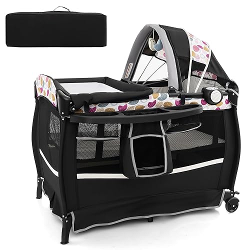 Miniatura 11 de HONEY JOY Pack and Play, corralito portátil 4 en 1 para cuna de bebé con moisés, mesa cambiadora, toldo, colchón, caja de música, bolsa de Flor