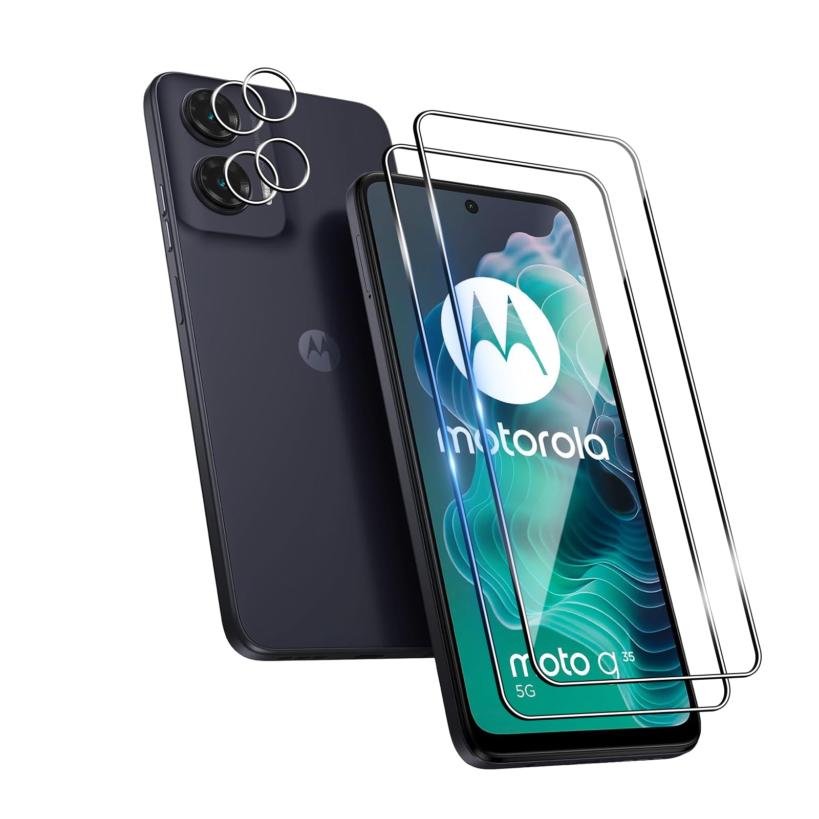 QULLOO Vetro Temperato Per Motorola Moto G55 – Kit 2 Pellicole Schermo + 2 Protezioni Fotocamera, Durezza 9H, Anti Graffio, HD, Anti Impronte