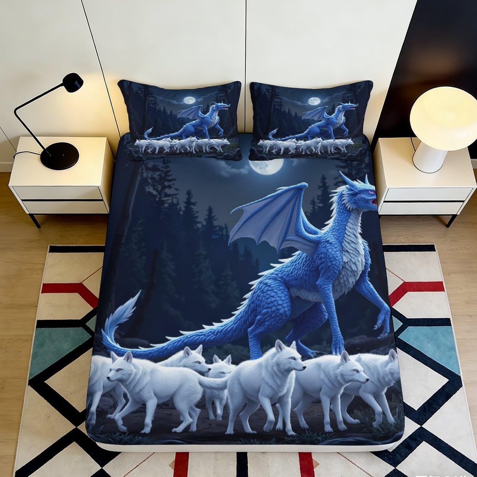 Rqzkjxnhpf Style-5 3D Printed Dragon Wolf Fitted Sheet Microfiber Deep Pocket Non-Slip Bedroom Bedding Dragon Wolf Mattress Fitted Cover Washable 200X200x25cm 90X200x25cm