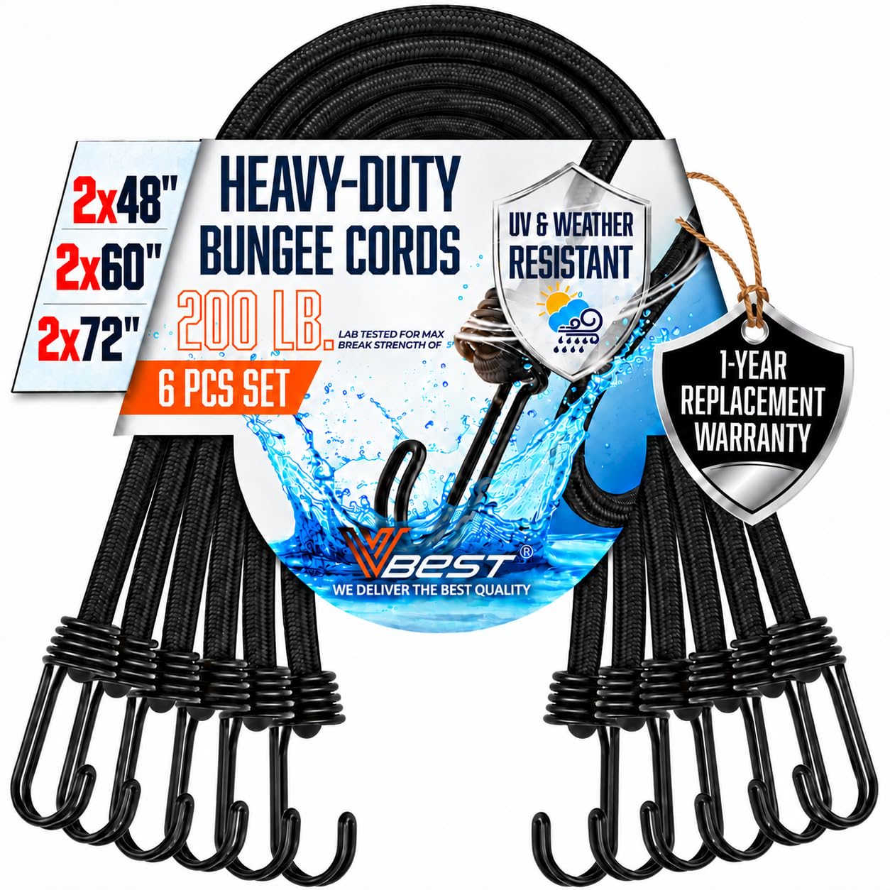 Bungee Cords Heavy Duty Outdoor with Hooks - 6Pcs Assorted Sizes Set