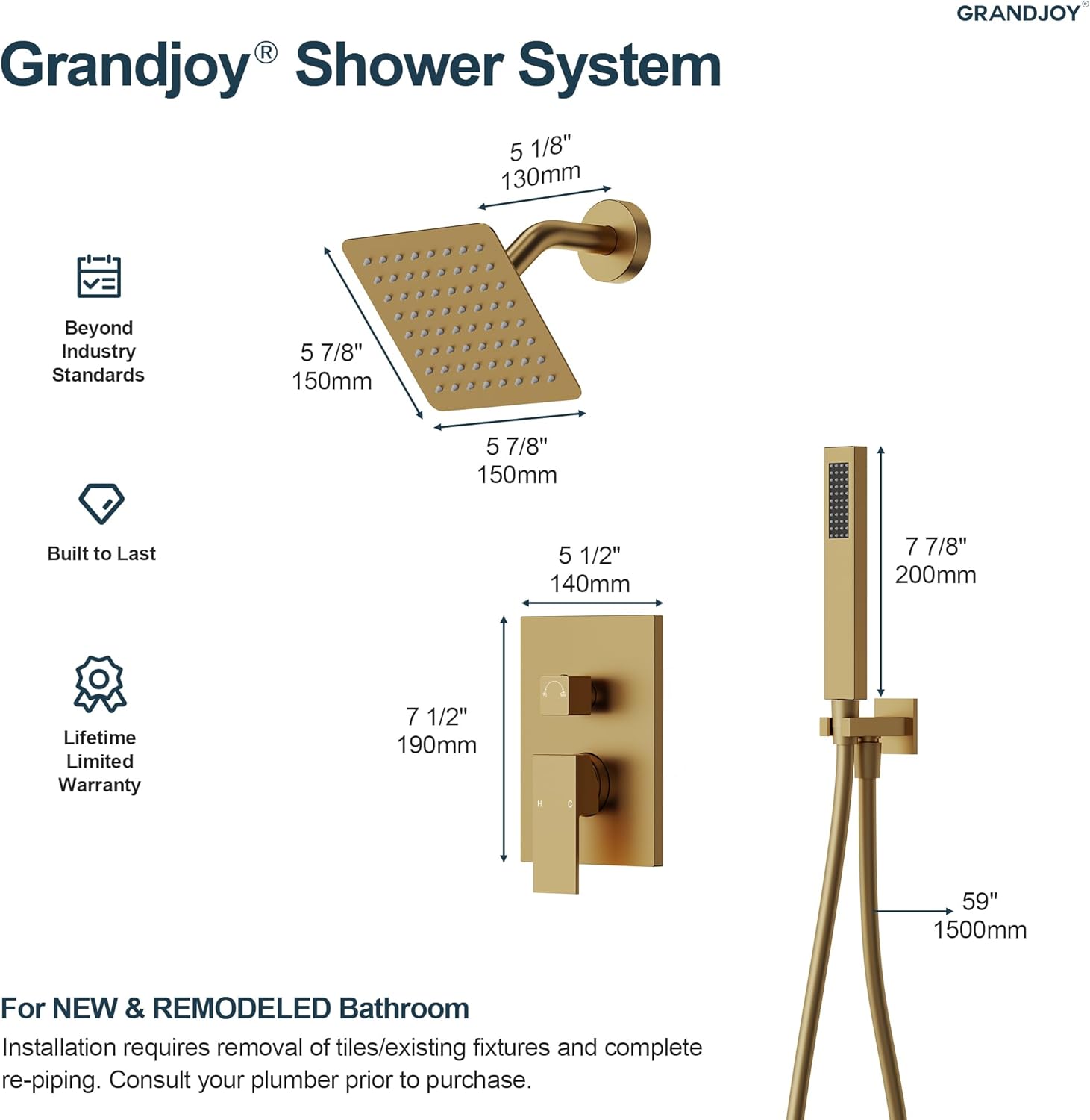 2-Spray Pattern 6 in.Square Shower head with Single Handle Shower Handheld Faucet 2.5 GPM in Brushed Gold