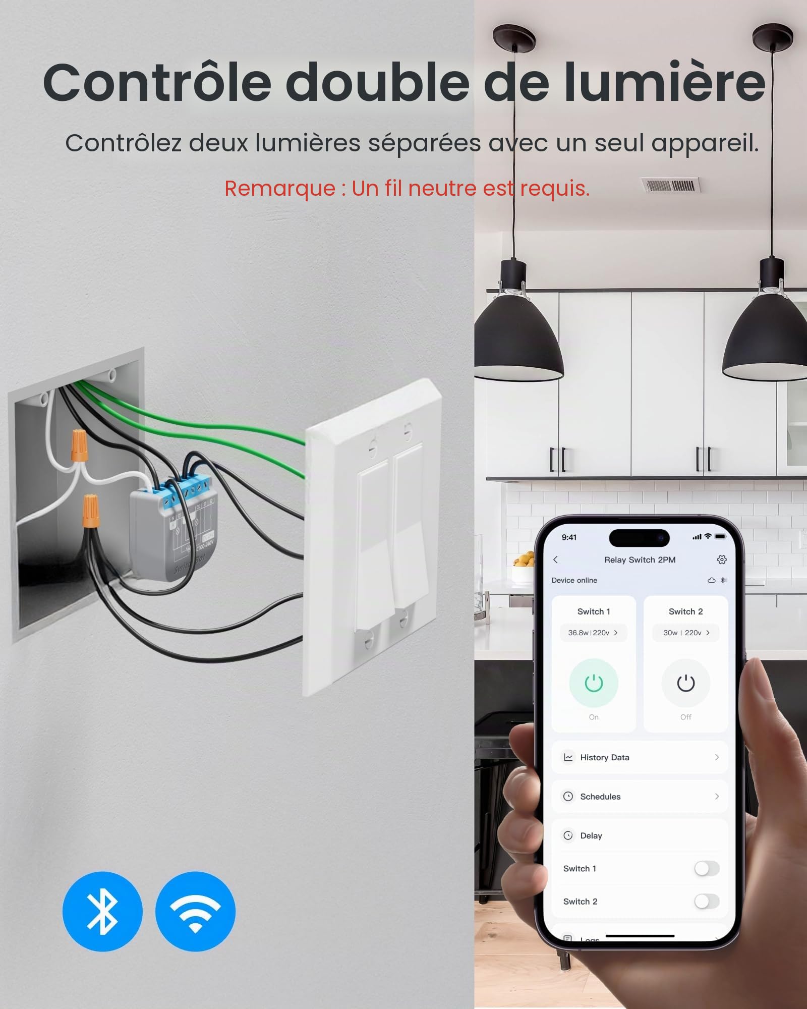 SwitchBot Commutateur WiFi 2PM compatible avec Alexa/Apple Home/Google Home, module relais avec répéteur Bluetooth et contact à sec, Wi-Fi 2,4 GHz, 16 A (4 pièces)