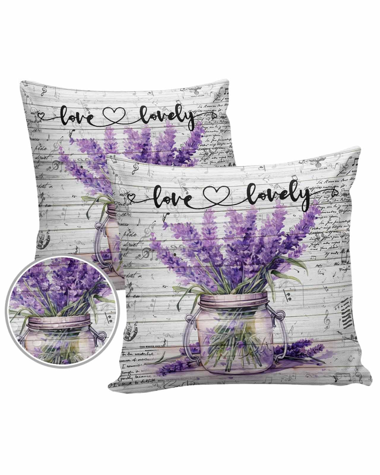 Purple Lavender Outdoor Pillow Cover 18x18 Inch Cushion Sham Case, Waterproof Decorative Square Throw Pillowcase for Outside Garden Patio Porch Couch Chair Tent Retro Farmhouse Shabby Chic Wood Board