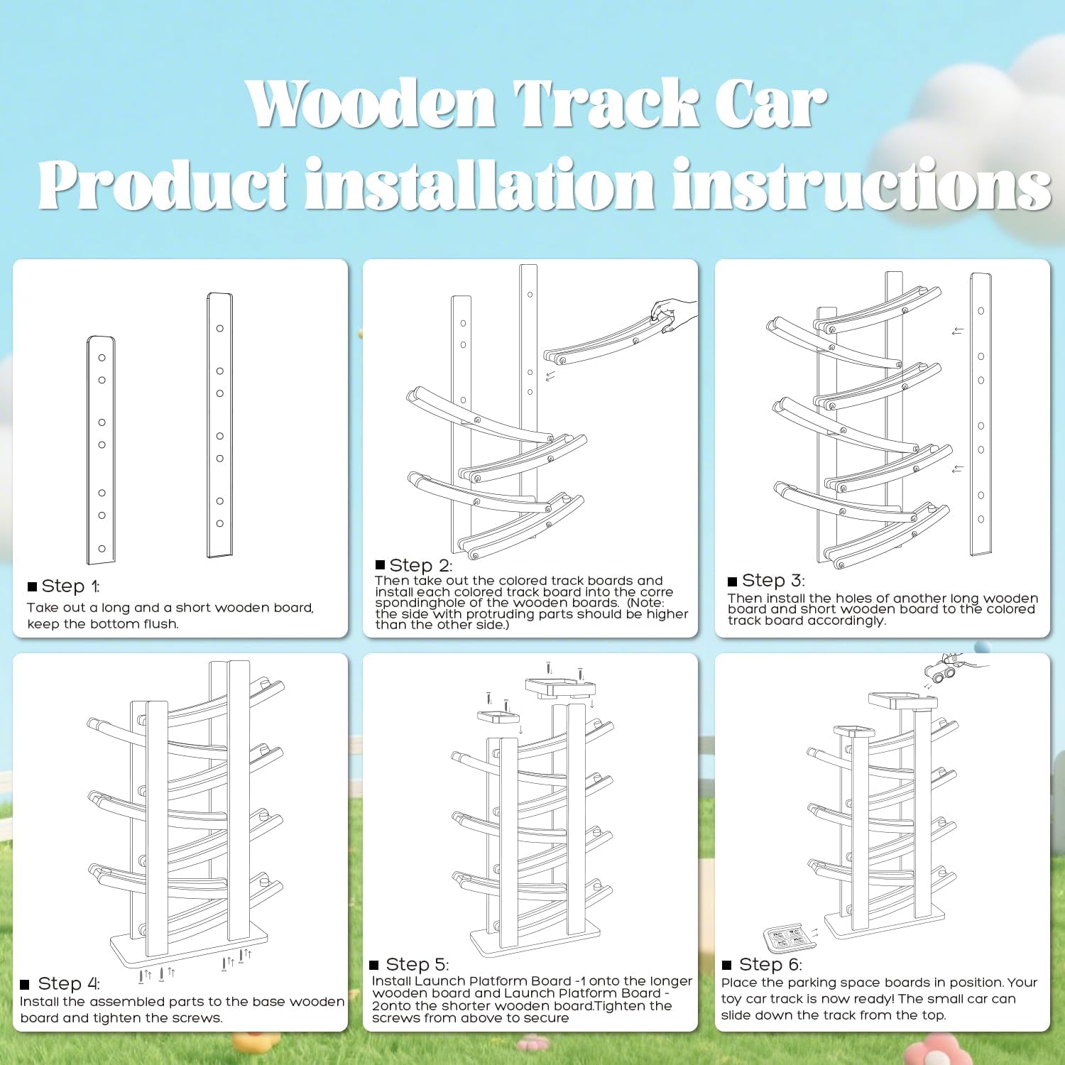 Wooden Car Ramp Toy Set, Montessori Ramp Set Includes 7 Mini Cars and Track — Educational Gift for Boys and Girls 3+ Years Old