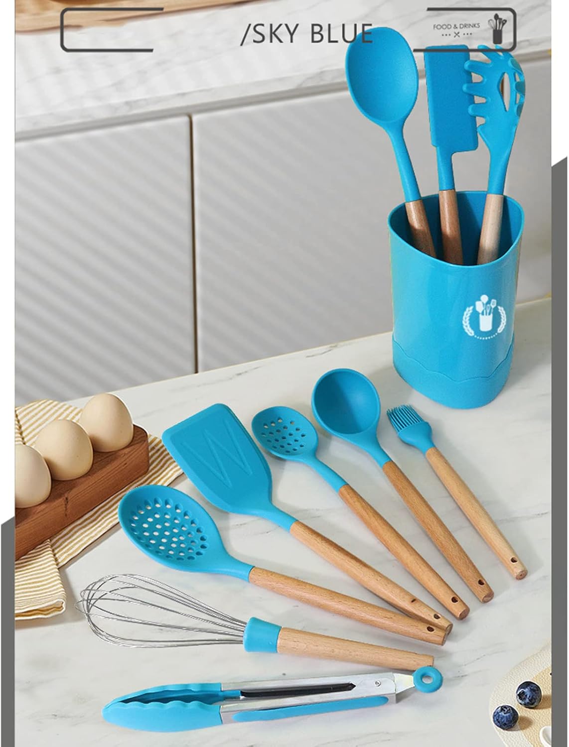 Blue Silicone Kitchen Cooking Utensils Set, Heat Resistant Silicone Kitchen Gadgets Utensils Set with Wooden Handle,Silicone Spoons Spatula Whisk with Holder for Nonstick Cookware