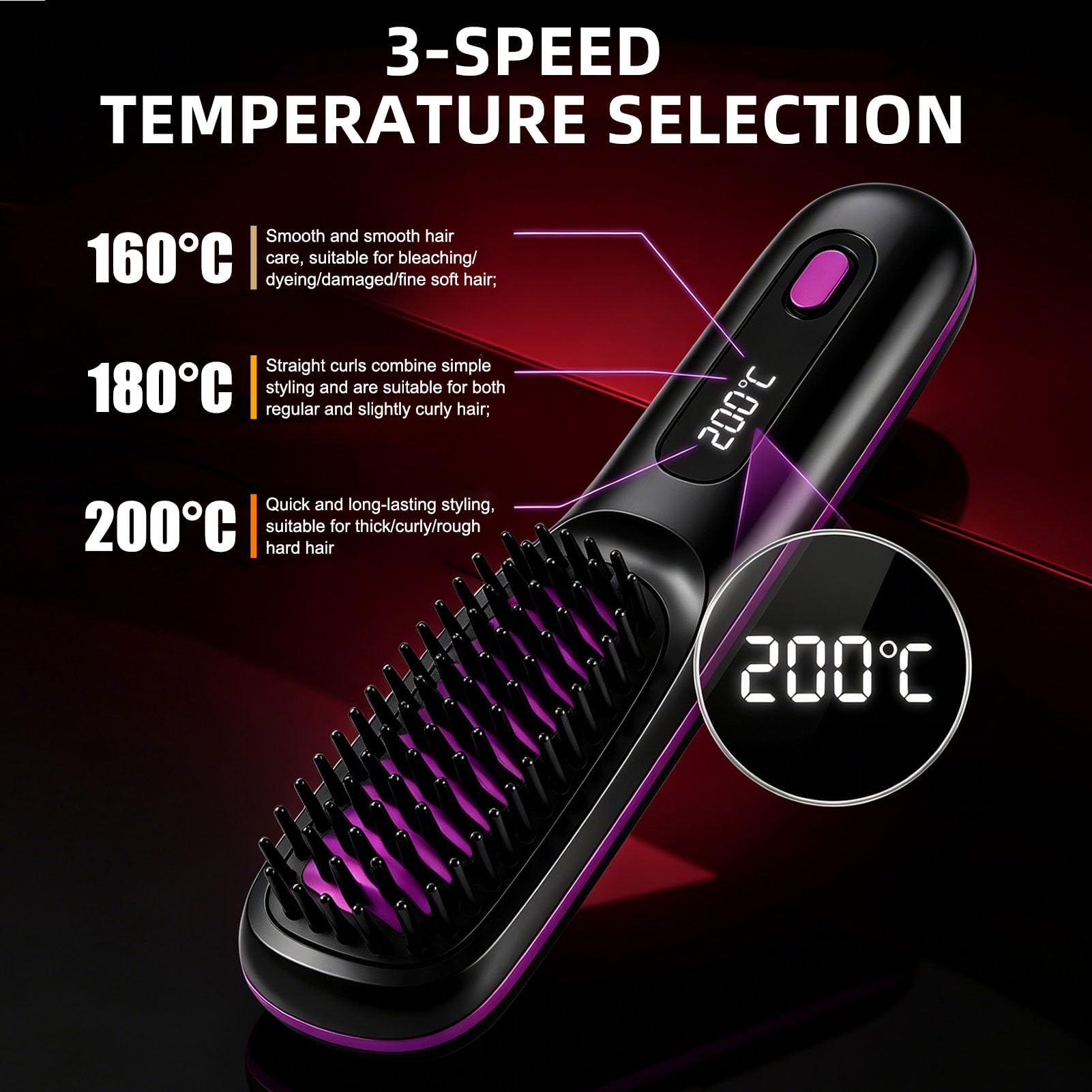 Brosse Chauffante Sans Fil Portable Mini Lisseur Cheveux Court Barbe | avec 3 Températures affichage LCD Peigne Lissant Céramique Anti-Brûlure pour Voyage Retouches Rapides Femme All Hair Type
