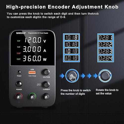 Miniatura 9 de Fuente de alimentación de CC variable, fuente de alimentación de banco de 30 V 10 A con perilla de ajuste del codificador, botón de