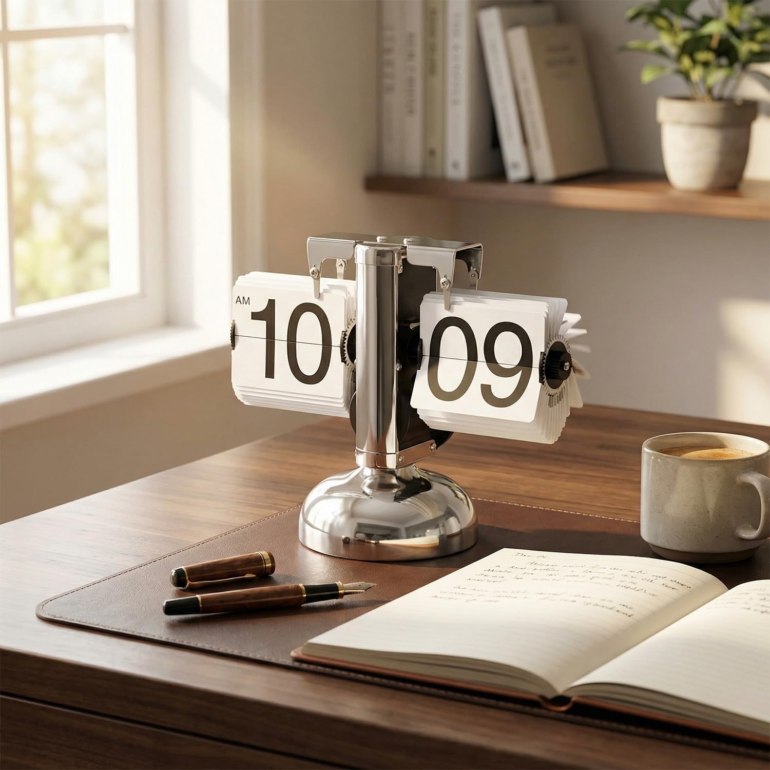 QWORK® Retro Flip Clock Tischuhr mit Quarzwerk, Mechanische Klappzahlenuhr, Silber Automatisches Umblättern, für Wohnzimmer, Büro & Arbeitszimmer