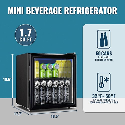 Miniatura 6 de WANAI Refrigerador y enfriador de bebidas con puerta de cristal, capacidad de 60 latas, refrigerador pequeño de cerveza de 1.7 pies cúbicos para