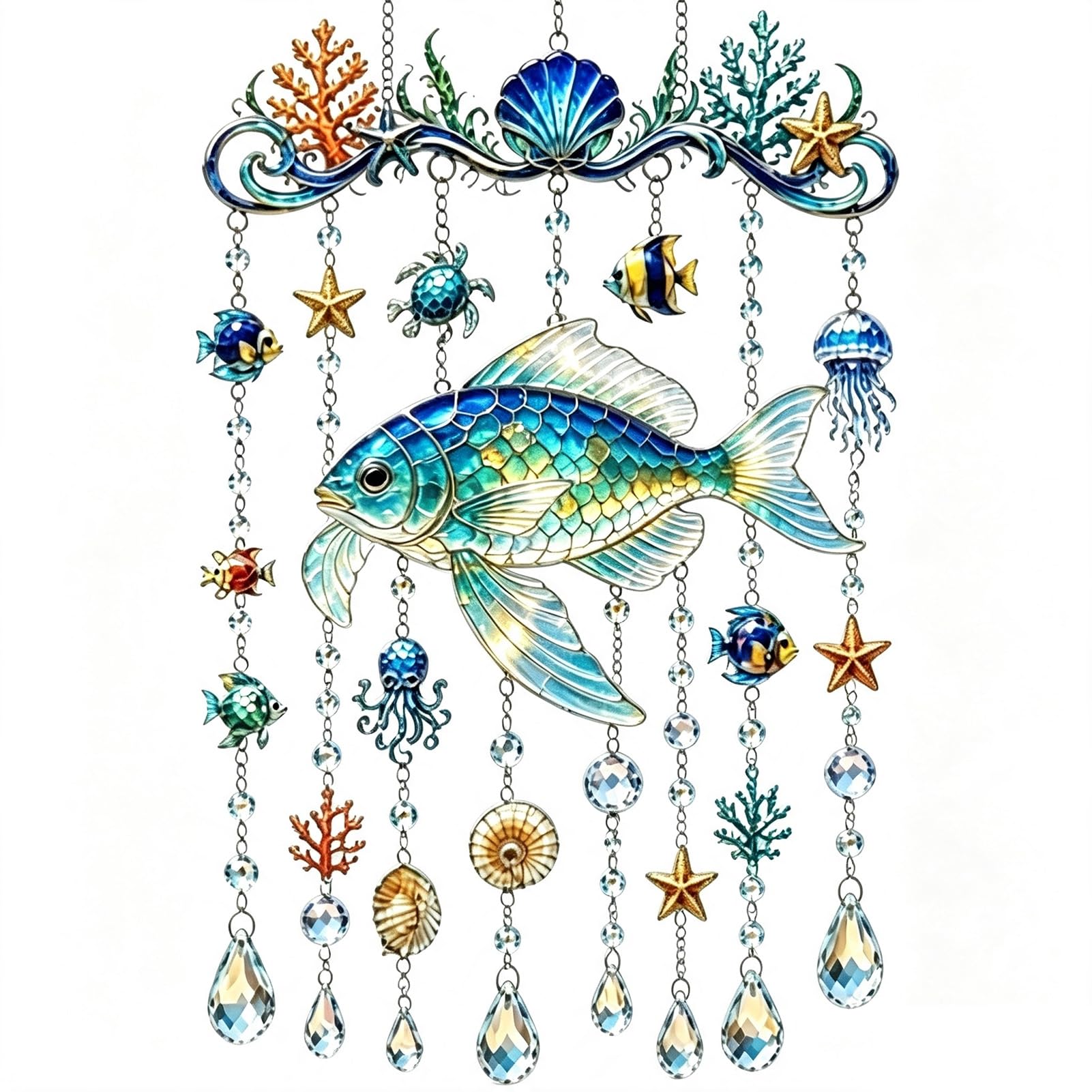 ZhzeYun Crystal Wind Chime - Ocean-Themed Stained Acrylic Sea Turtle Hanging Suncatcher with Prism Drops, Coastal Beach Decor for Garden Patio Porch WindowE