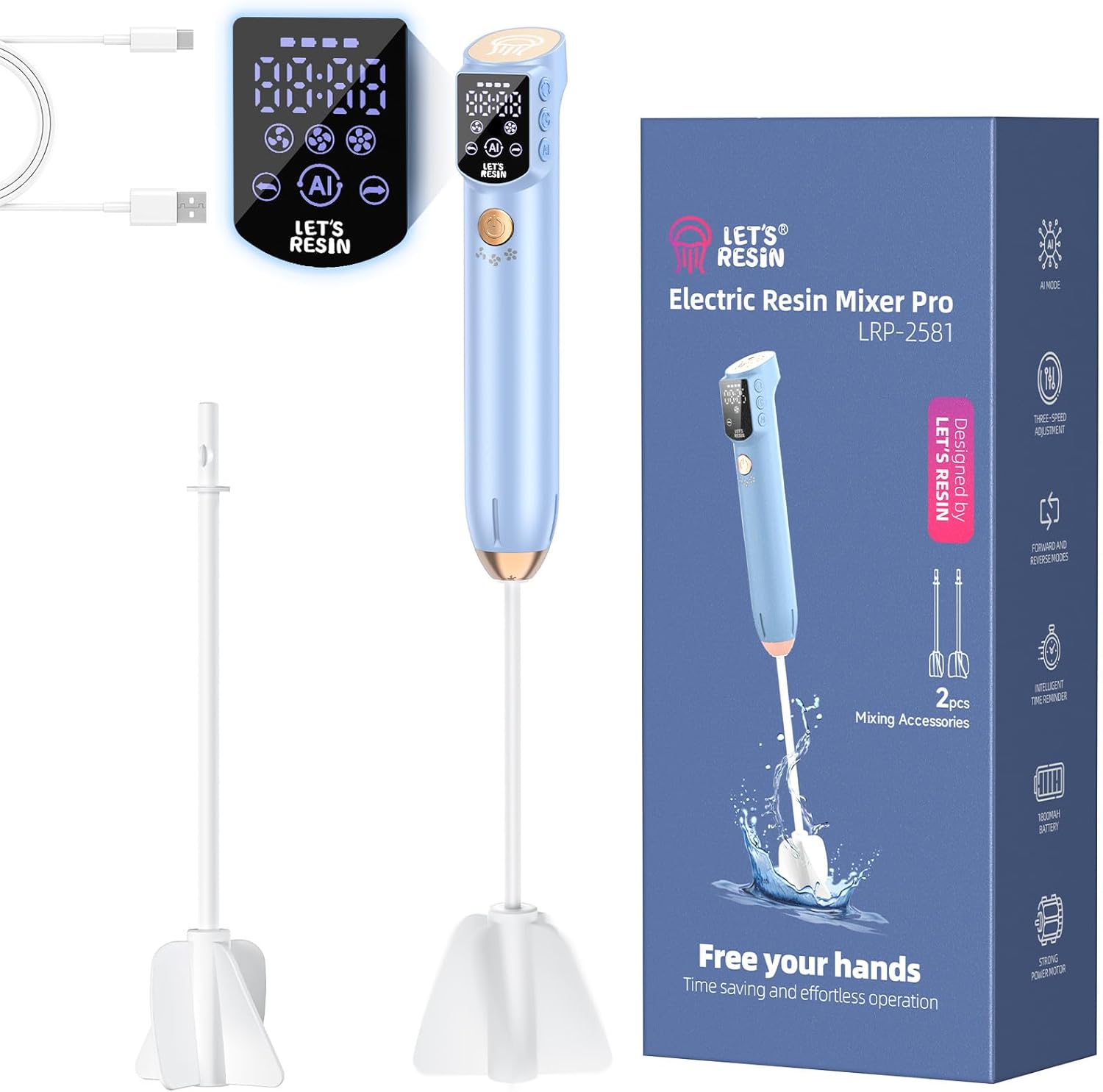 LET'S RESIN Upgraded Rechargeable Resin Mixer，Handheld 3-Speed Epoxy Mixer with Minimizing Bubbles, Electric Resin Mixing Tool for Epoxy Resin, Silicone, Paint, DIY Crafts