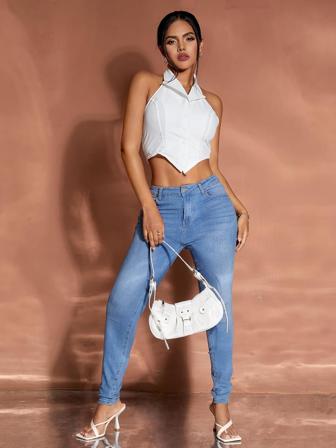 Women's Solid Asymmetrical Hem Backless Crop Tank Tops Sleeveless Casual Button Front Crop Blazer Vest - Image 5