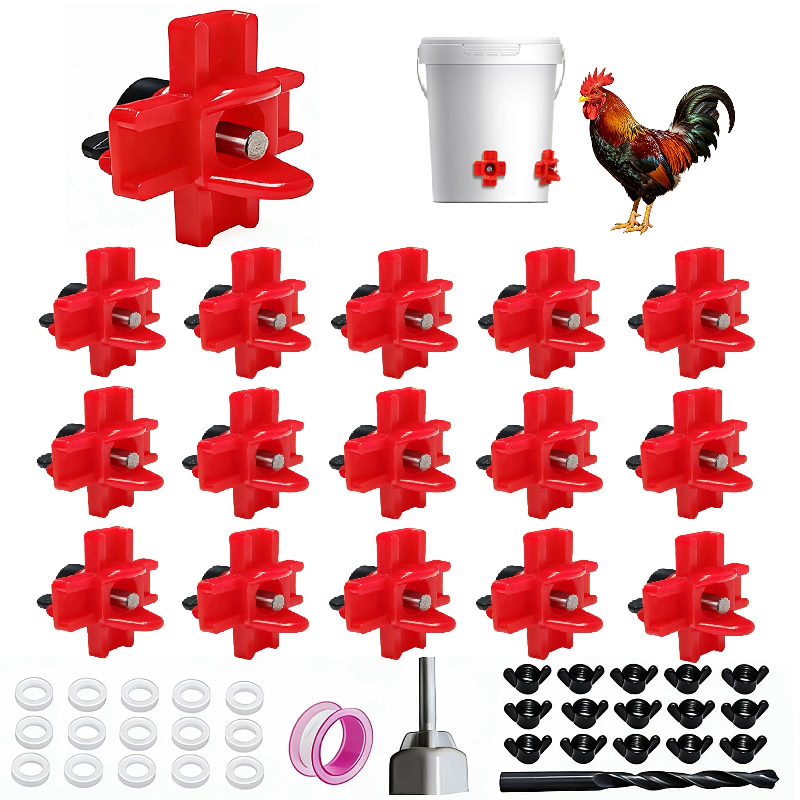 Pezones de agua horizontales de pollo, bebedero de pezones de pollo para coper, bebedero de pezones de aves de corral, a prueba de fugas, plástico ABS duradero, con brocas (paquete de 15)